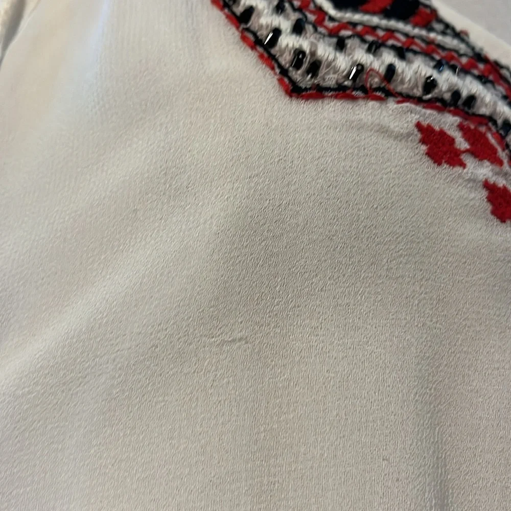 Free People Boho Summer Cream semi shear Dress w/Red Aztec Embroidery Size M - Picture 17 of 17